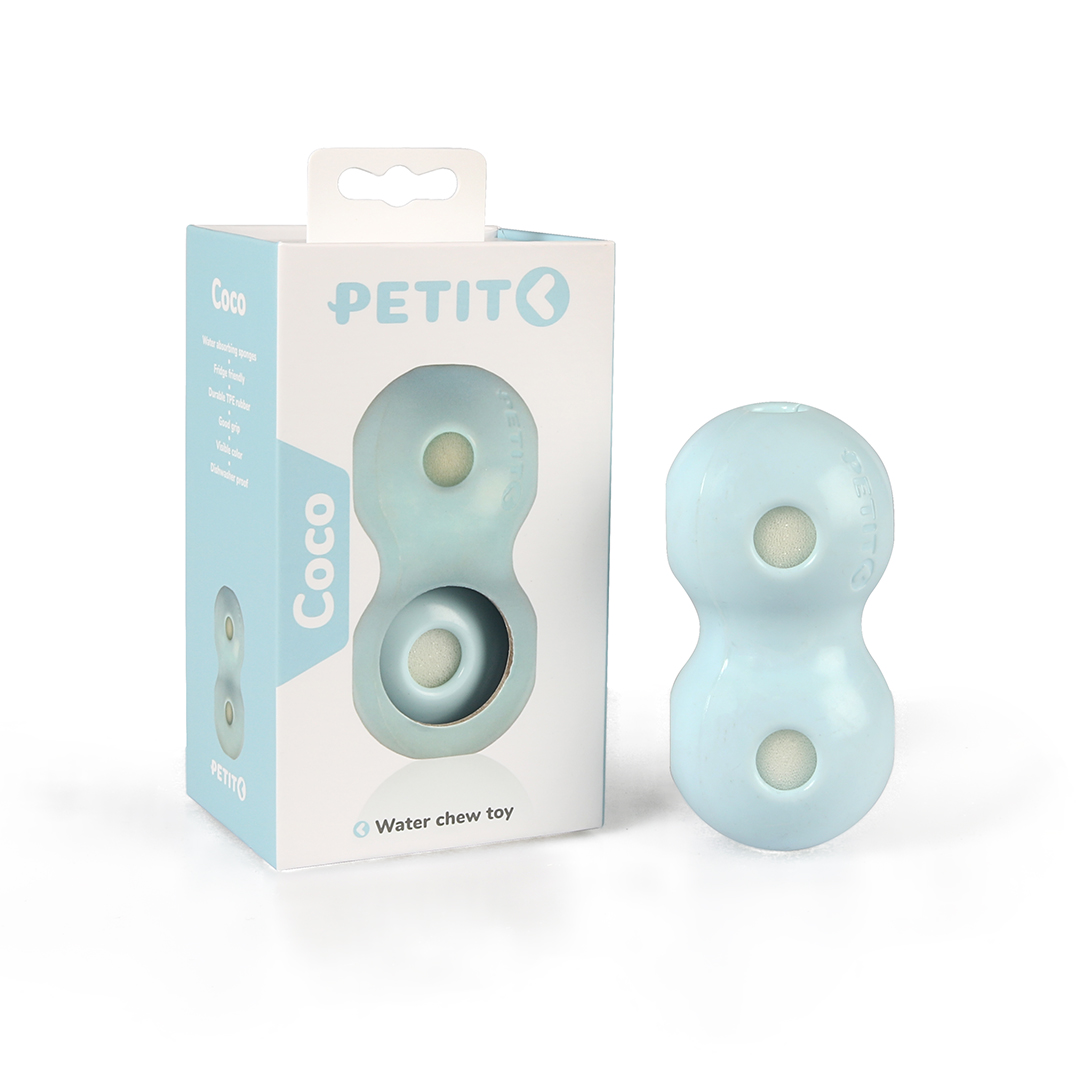 Blue dog toy in bone shape and packaging. Water toy with two openings for rewards.
