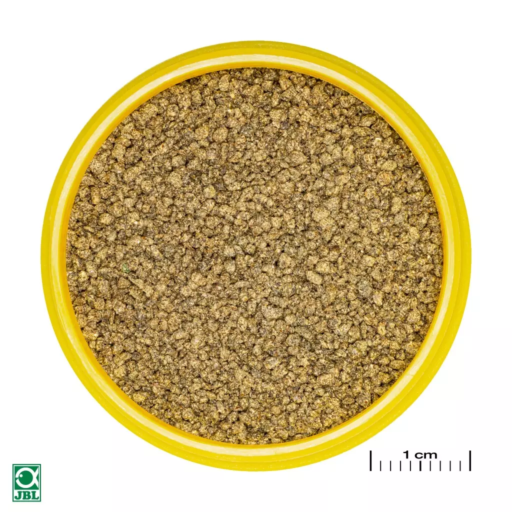 Boîte jaune remplie de granulés JBL PRONOVO KILLIFISH, photographiée d'en haut.