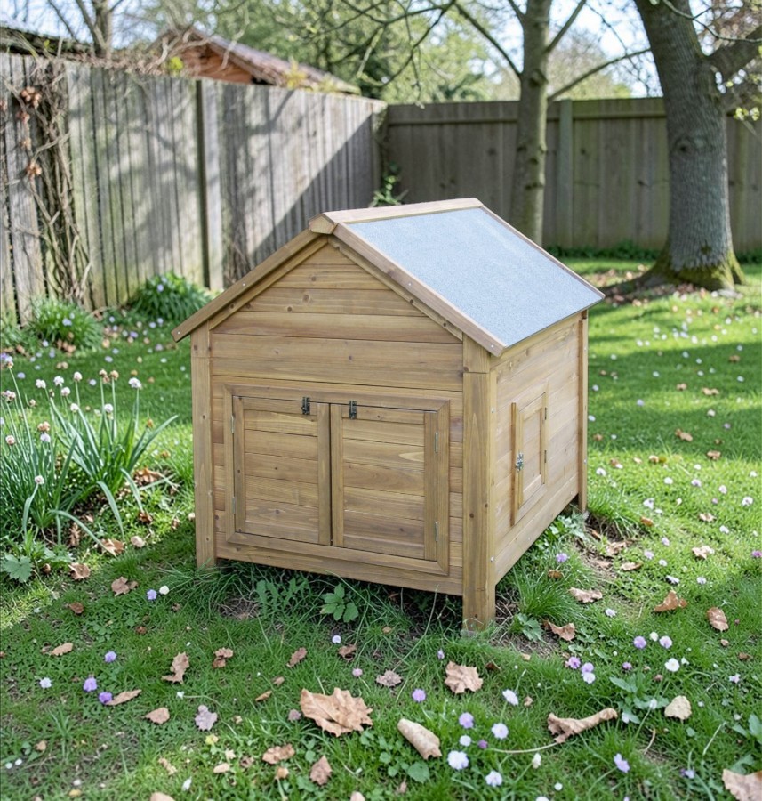 Hölzernes Gartenhaus mit graublauem Dach, stehend auf grünem Rasen mit Blüten und Blättern vor Holzzaun.