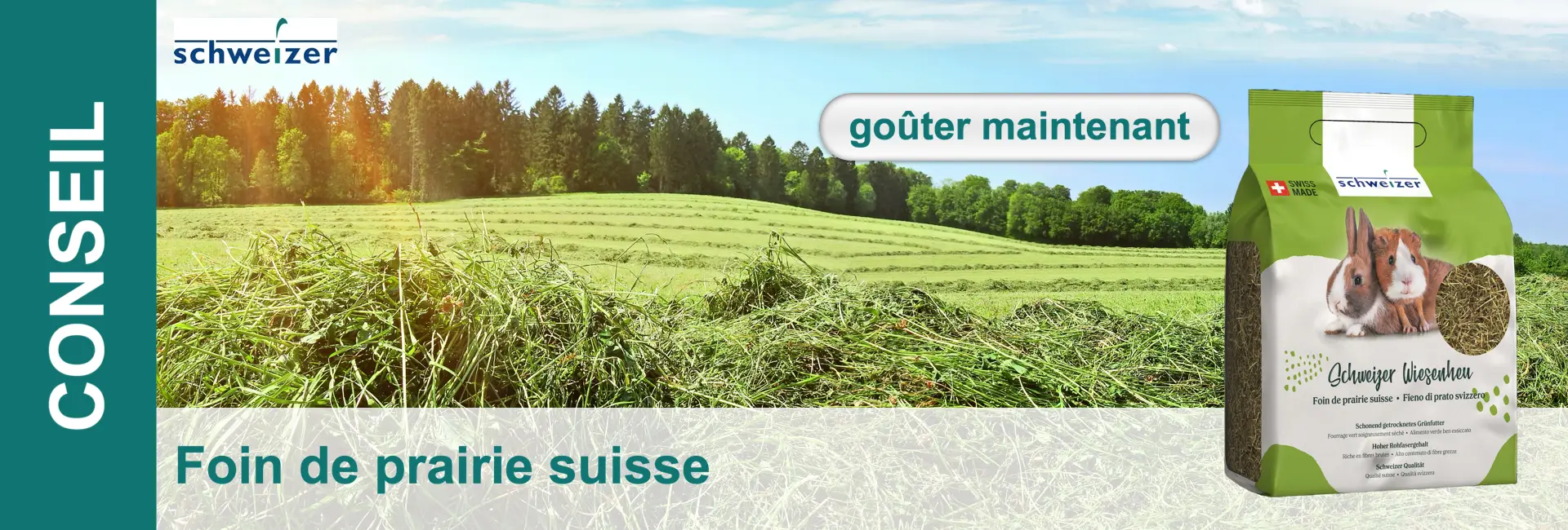 Récolte de foin avec un emballage Schweizer Foin de prairie avec des lapins et des cochons d'Inde dessus.