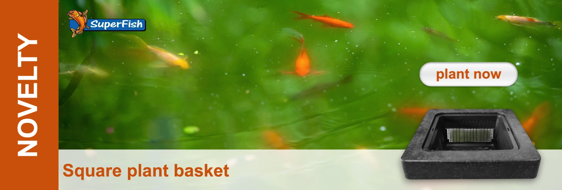 Underwater view of a pond with golden-orange fish in green water. Foreground right: rectangular dark grey mesh plant basket for pond plants. Top: ‘plant now’ button; left: SuperFish logo; bottom: ‘Square plant basket’.