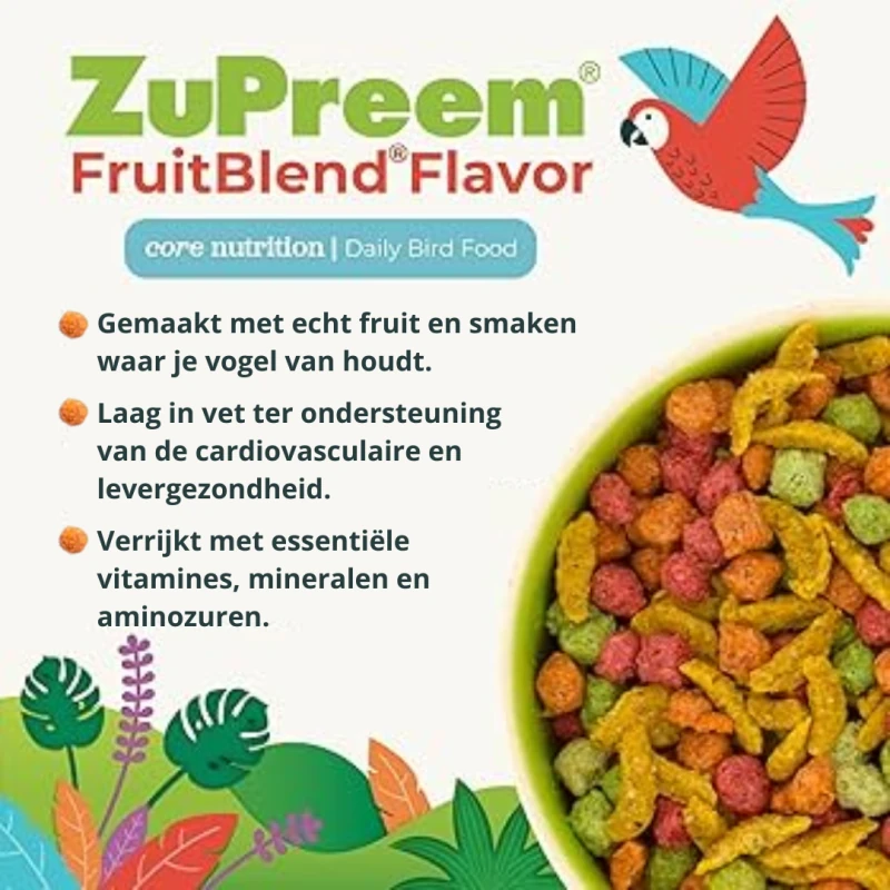 Advertising mangime per uccelli ZuPreem FruitBlend: packaging verde con pellet rossi, arancioni, verdi e gialli. Copy: vera frutta, basso contenuto di grassi per salute di cuore e fegato, con vitamine e aminoacidi. Pappagallo cartoon in alto a destra.