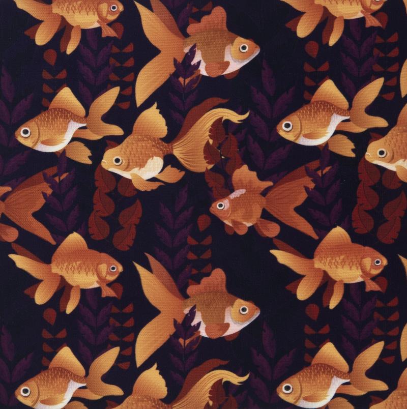 Motif avec des poissons rouges stylisés de couleur orange et des éléments floraux sur fond sombre.