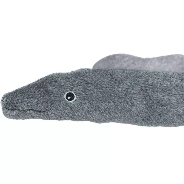 Grey, plush eel "Karl" from Trixie, a dog toy with a sewn-on eye.
