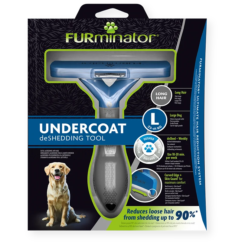 Packaging for the blue Furminator deShedding tool for long-haired dogs, size L. Shows the product with its ergonomic handle and stainless steel edge, as well as a seated Golden Retriever. Reduces loose hair by up to 90%, use once a week.