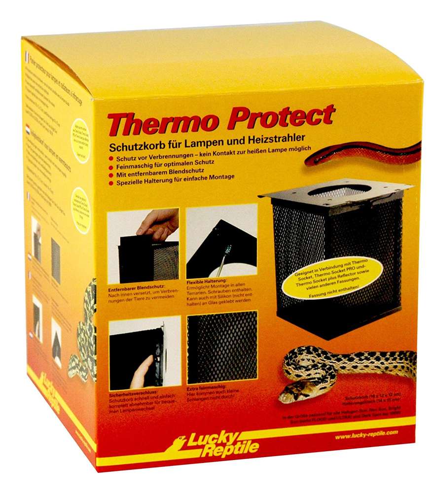 Emballage jaune pour la cage de protection Thermo Protect, qui protège les lampes/radiateurs du terrarium contre les brûlures. Montre une cage métallique noire à mailles fines avec un pare-lumière amovible et des options de montage. Serpent en bas.