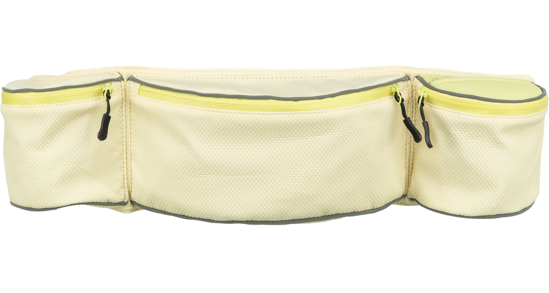 Hell cremefarbene Bauchtasche aus strukturiertem Material mit mehreren Fächern. Neon-gelbe Reißverschlüsse und dunkelgraue Akzente. Zwei abgerundete Seitenfächer und ein längliches Hauptfach, ideal für Sport und Reisen.