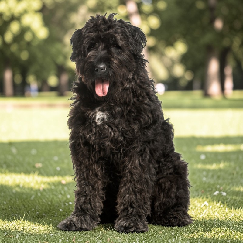 Sitzender, schwarzer Bouvier des Flandres mit hängender Zunge auf grünem Gras. Im Hintergrund sind Bäume sichtbar.