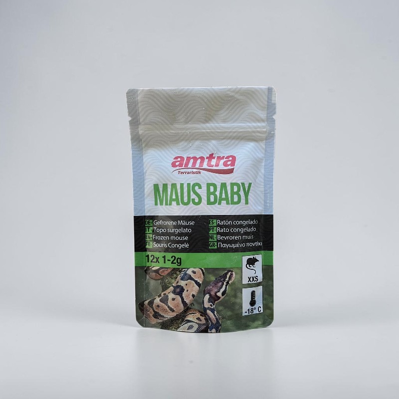 Una confezione di topolini surgelati per terrario del marchio Amtra, con l'immagine di un serpente sul davanti.