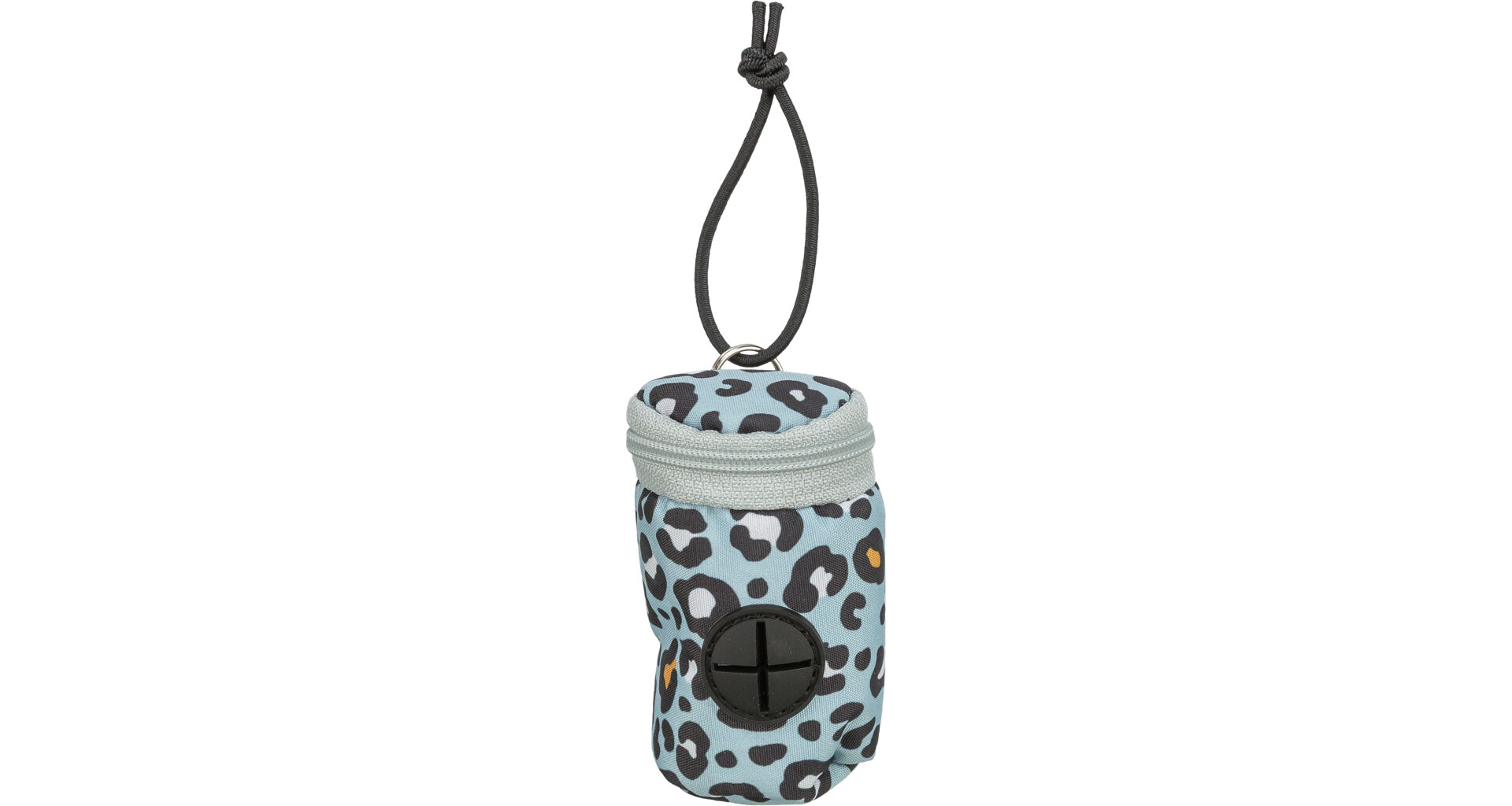 Zylindrischer Hundebeutelspender aus hellblauem Stoff mit schwarzem und weißem Leopardenmuster. Oben hellgraue Reißverschlussöffnung. Schwarzes Gummiband mit Metallring zum Aufhängen, vorne schwarze kreuzförmige Ausgabeöffnung.
