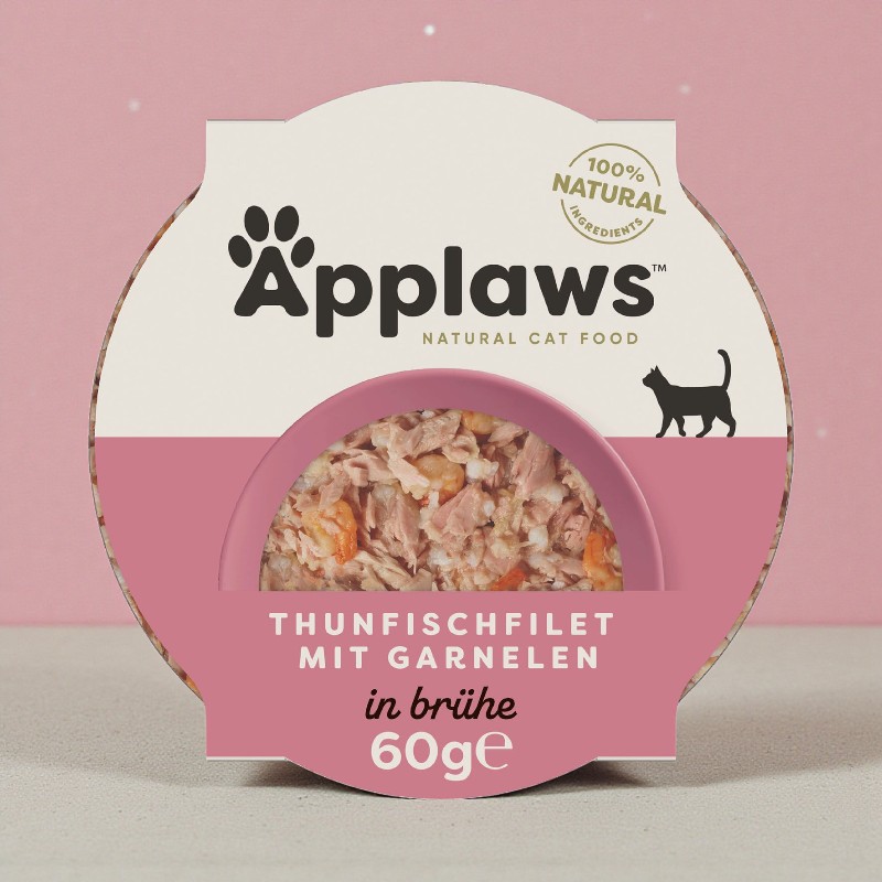 Lattina di cibo umido per gatti con tonno, gamberetti in brodo di Applaws.
