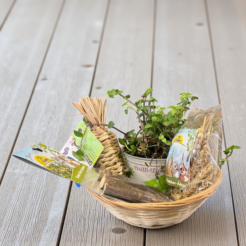 Ein Osterkorb für Nager und Kaninchen gefüllt mit Heu, Ähren, Ästen und einer Pflanze.
