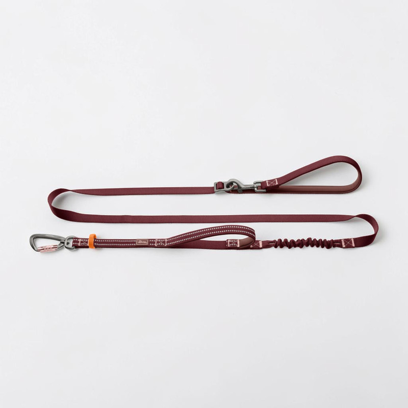 Laisse pour chien couleur baie, avec points blancs réfléchissants. Amortisseur de secousses intégré, dragonne rembourrée, poignée supplémentaire pour tenue courte et mousqueton de sécurité léger en aluminium à fermeture rapide gris/orange.