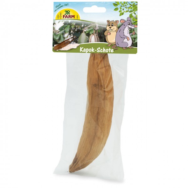 Dried, light brown kapok pod in clear plastic packaging. At the top, a colourful header with the JR Farm logo, illustration of a hamster and rat, and a kapok plant with an open fruit cluster. ‘Kapok pod’ printed.