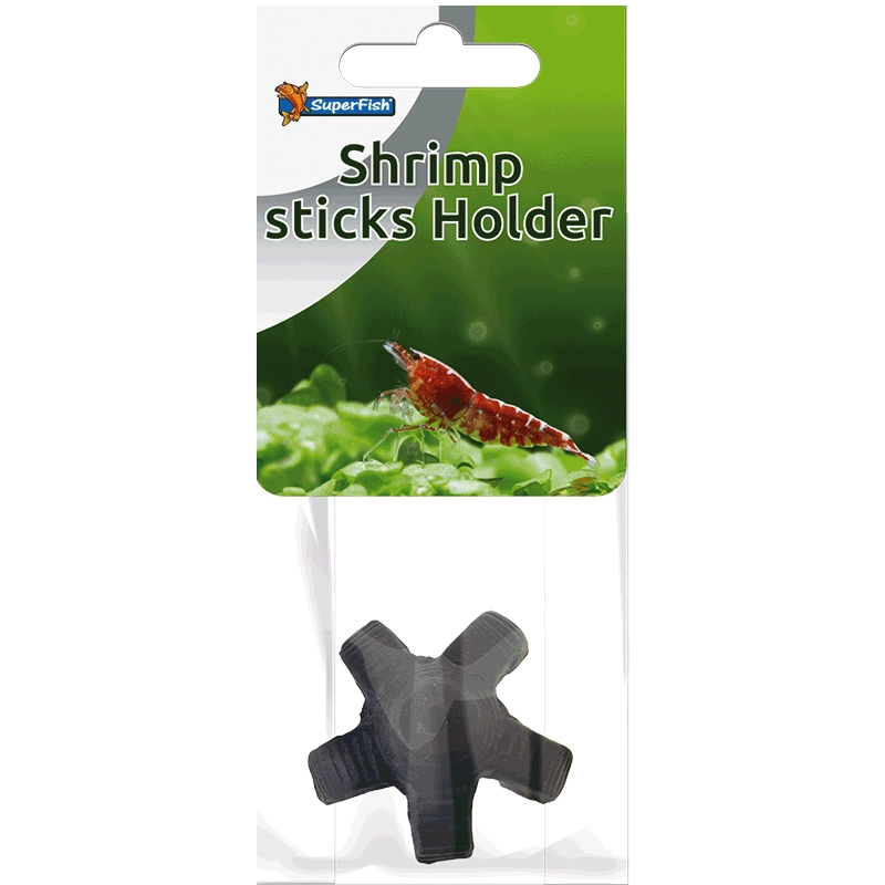 Verpackung eines Keramik Garnelenstick Halters von SuperFish mit Abbildung einer Garnele und dem Halter.
