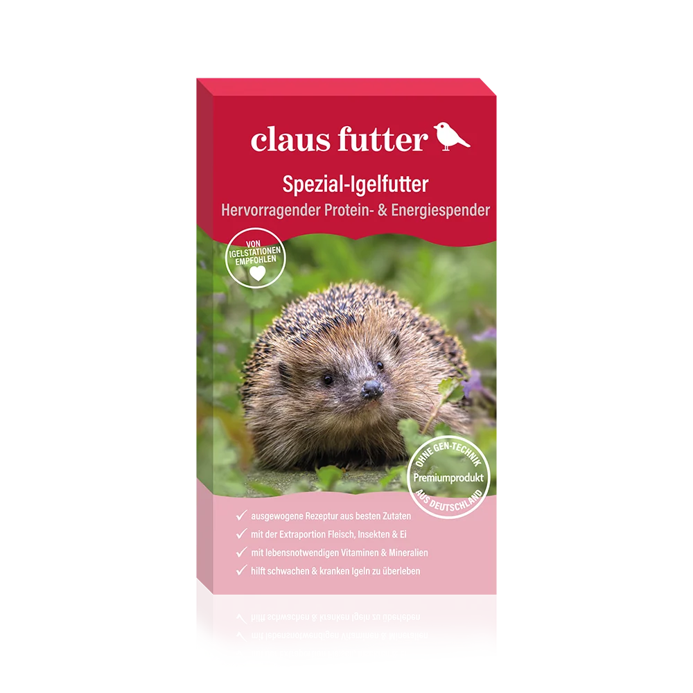Confezione rosa del mangime speciale per ricci "Claus", con immagine di un piccolo riccio su prato verde con fiori viola. Ottima fonte di proteine ed energia, raccomandato dai centri ricci, premium dalla Germania.