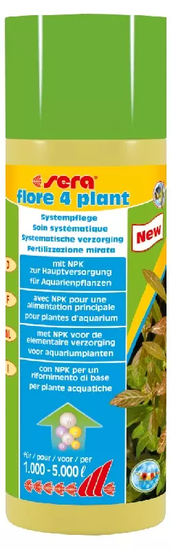 Packaging Sera flore 4 plant, an aquarium plant fertiliser with NPK, for 1,000 to 5,000 litres.