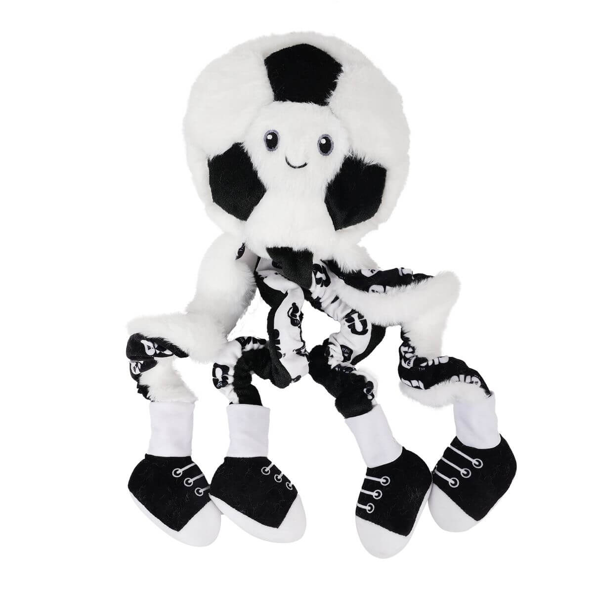 Flauschiges Stofftier: lächelnder Krake mit Kopf wie schwarz-weiße Fußballkugel. Acht weiche, geringelte Tentakel, endend in kleinen schwarzen Turnschuhen mit weißen Schnürsenkeln. Teils flauschig weiß, teils sportlich gemustert.