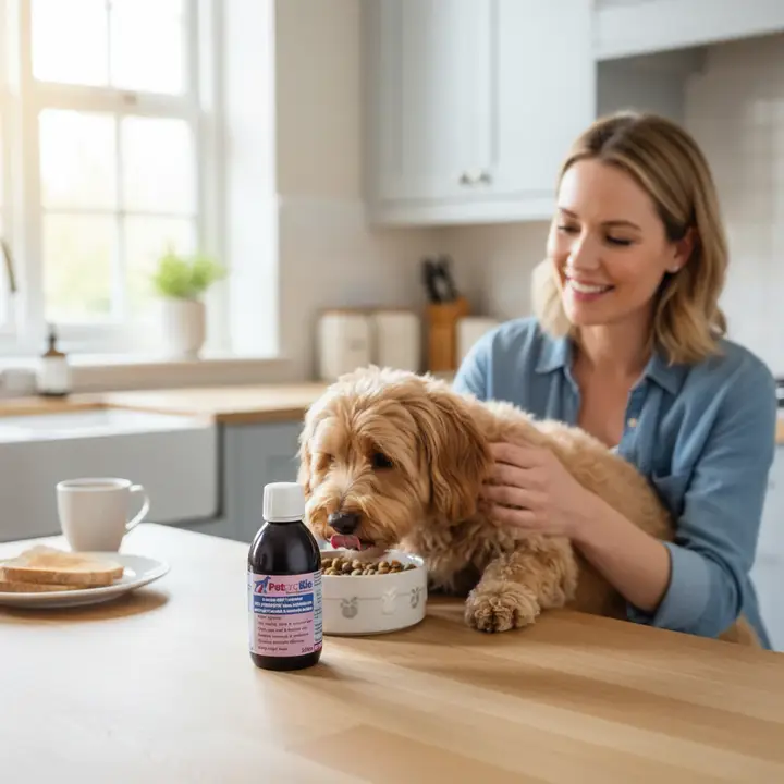 Una donna sorridente accarezza un cane dal pelo soffice e dal manto marrone chiaro mentre mangia croccantini. Sul piano di lavoro della cucina c'è una bottiglia di PetproBio, un prebiotico naturale facile da somministrare.