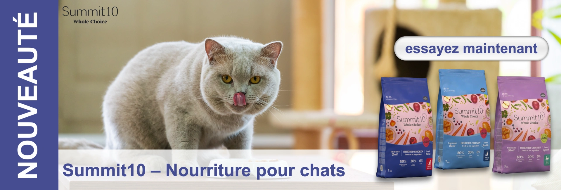Un chat gris clair se lèche le nez devant un bol de nourriture. En arrière-plan, des sachets de nourriture pour chats de la marque Summit10.
