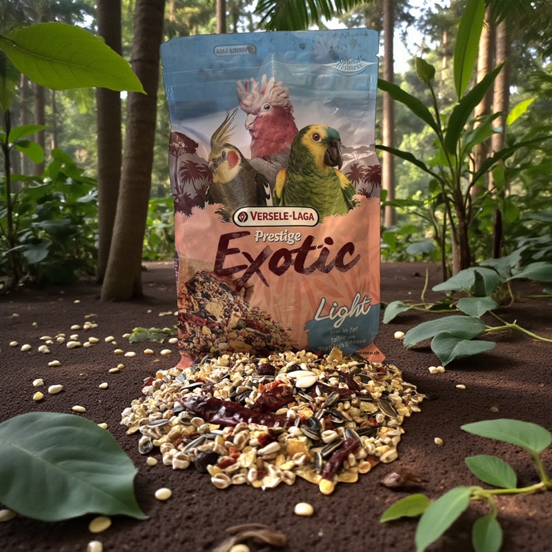 Versele Laga Exotic Light food mix with a picture of parrots on the packaging, surrounded by grains, seeds and leaves.