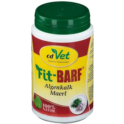 Boîte blanche avec couvercle vert, portant l'inscription "Fit-BARF Algenkalk" de CD Vet, chaux d'algues naturelle.