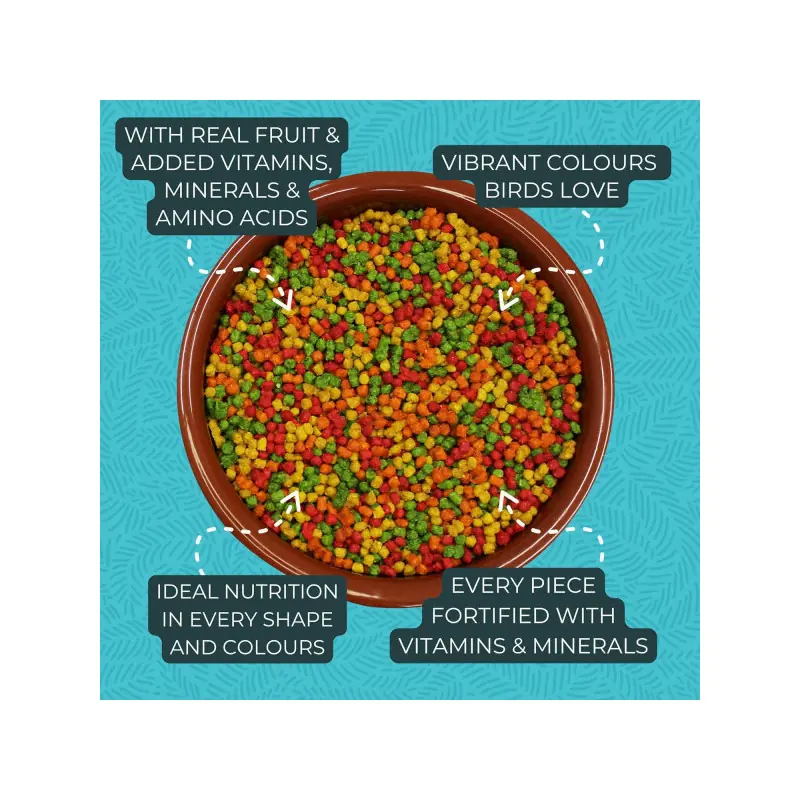 Una ciotola di ceramica marrone, piena di piccoli pellet rotondi per uccelli dai colori vivaci come rosso, verde, giallo e arancione. Il mangime è arricchito con frutta, vitamine, minerali e aminoacidi.