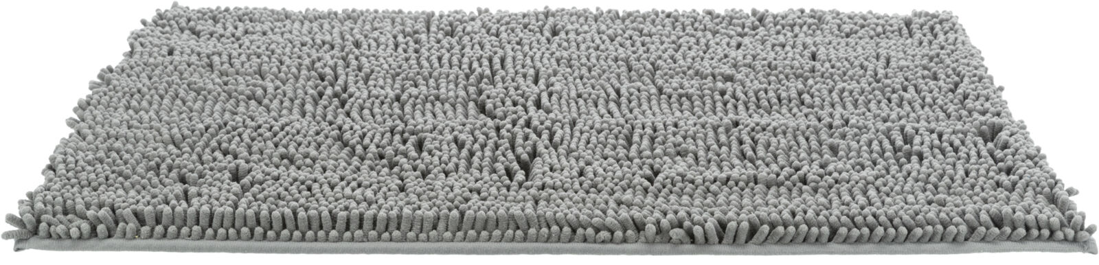 Rectangular, long-pile dirt-trapping mat in grey, photographed at an angle from above. Dense surface made up of short, upright fibre bundles; absorbent and ideal for trapping dirt and moisture. Lies flat with a smooth underside.