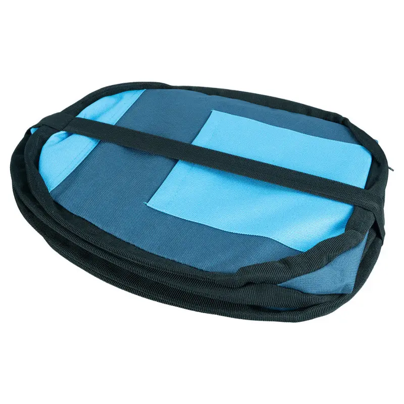 Folded, round beach shell in shades of blue and grey with black strap.