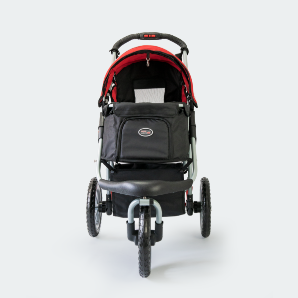 Vista frontale di un passeggino InnoPet Comfort EFA nei colori grigio, nero e rosso con tre ruote e cestino portaoggetti.