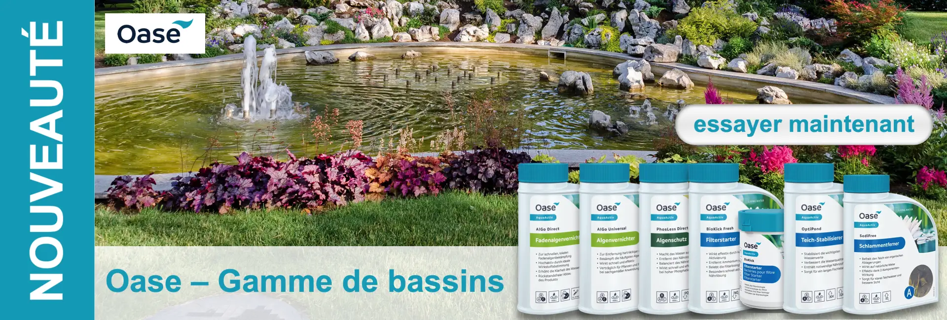 Bassin avec fontaine et végétation en bordure devant des rochers. Au premier plan, diverses produits de nettoyage et d'entretien de la marque « Oase ».