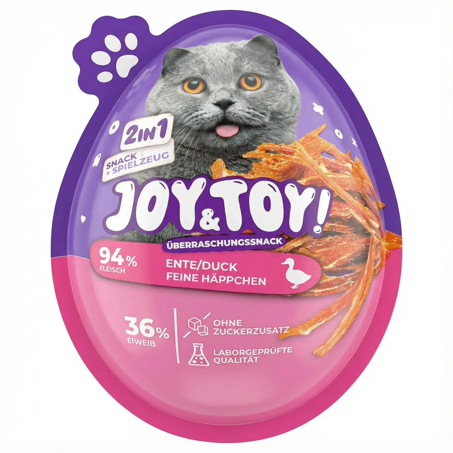 Lila-pinke Katzensnack-Verpackung mit grauem Katzenkopf (Zunge raus). Aufschrift: "JOY & TOY! 2in1 Snack + Spielzeug" und "Ente/Duck Feine Häppchen". 94% Fleisch, 36% Eiweiß, zuckerfrei, laborgeprüft. Innen: Entenfleischstreifen.