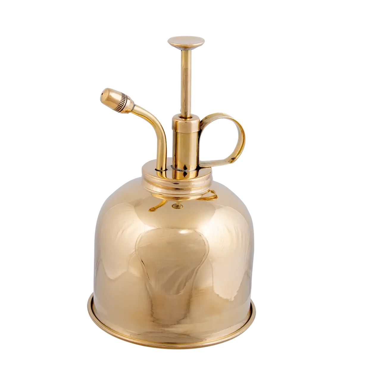 Ein glänzender, goldfarbener Pflanzenzerstäuber mit bauchiger Form und reflektierender Oberfläche. Oben ein vertikaler Pumpmechanismus mit kleinem Griff und gebogener, nach vorn gerichteter Sprühdüse. Auf schwarzem Hintergrund.