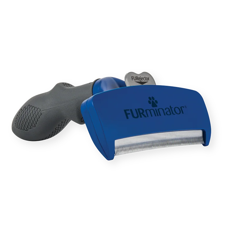 Blue Furminator deShedding tool for long-haired dogs with an undercoat. Features a grey, ergonomic handle and a blue head with a logo and paw print. Serrated stainless steel edge at the front, with a silver FURejector button above it.