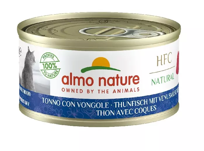A tin of Almo Nature cat food, fish flavour. A cat is depicted on the label.