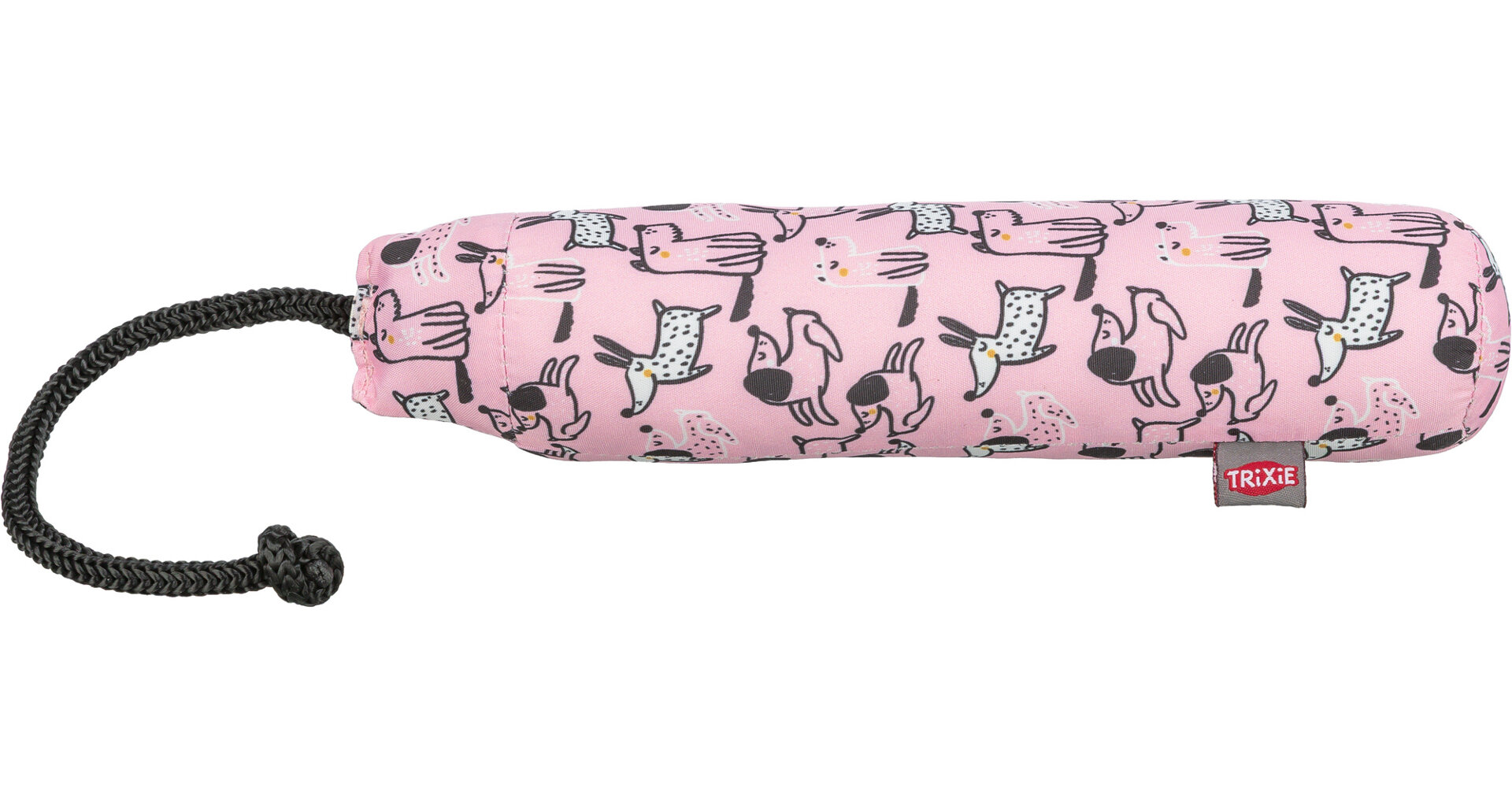 Längliches, pinkes Hundespielzeug mit Muster stilisierter Hunde in Schwarz/Weiß und gelben Akzenten. Links ein schwarzes, geflochtenes Seil mit Schlaufe. Rechts unten rotes Etikett mit weißem „TRIXIE“-Logo.