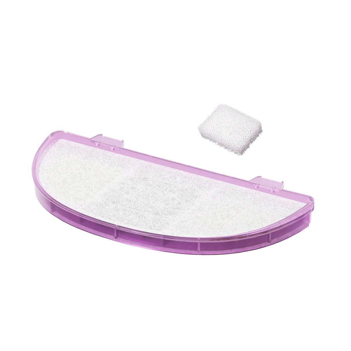 Halbkreisförmiger, lila Rahmen mit weißem Filter und einem kleinen, weißen Schwamm auf weißem Hintergrund.