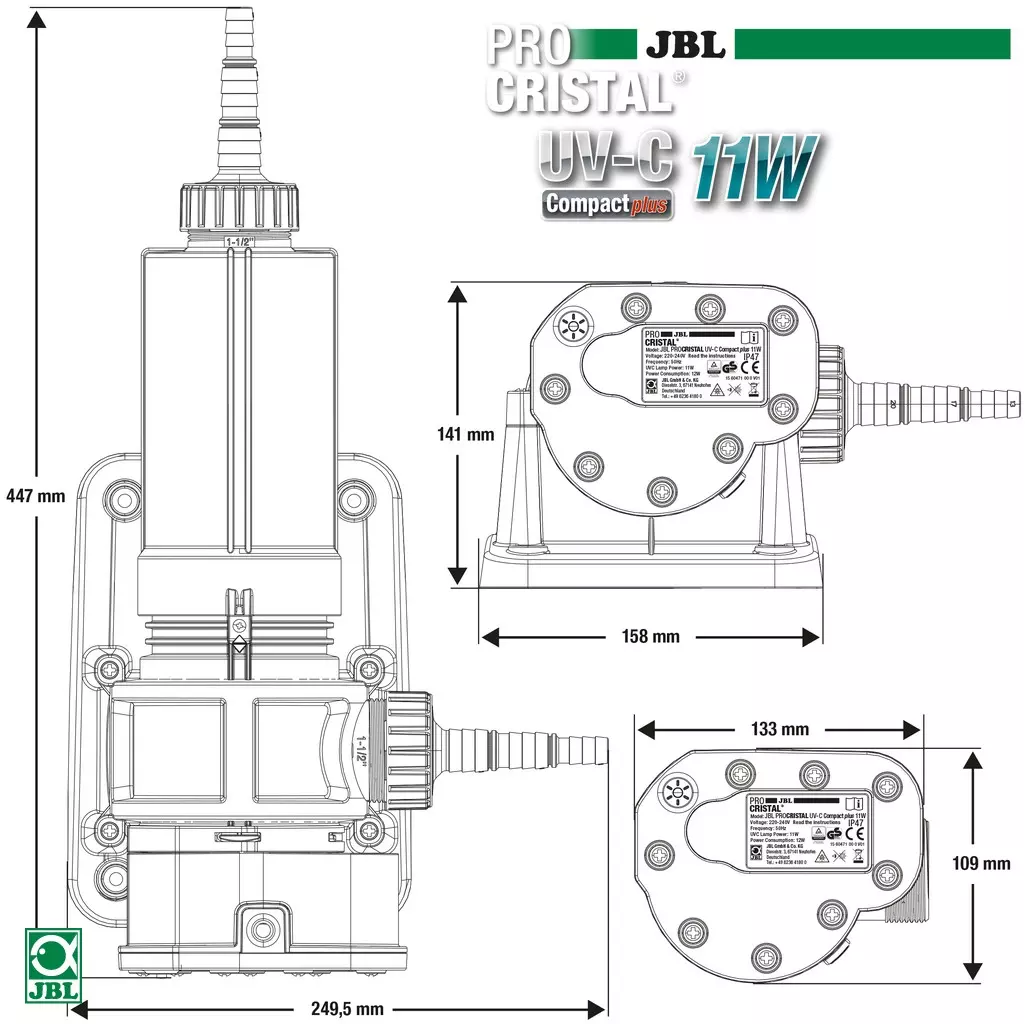 Schema des JBL ProCristal UV-C Compact Plus Wasserklärers mit Abmessungen, zur Klärung von Aquarienwasser.