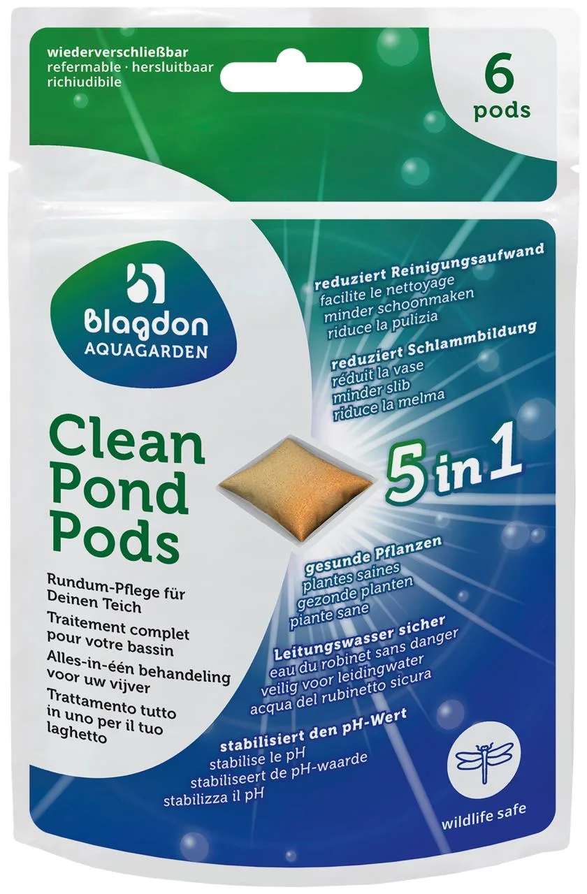 Weiße Blagdon AQUAGARDEN Clean Pond Pods: Packung mit sechs goldenen Teichpflegemitteln. 5-in-1: weniger Reinigungsaufwand und Schlamm, gesunde Pflanzen, sicheres Leitungswasser, pH-Stabilisierung. Wildtierfreundliche Teichpflege.