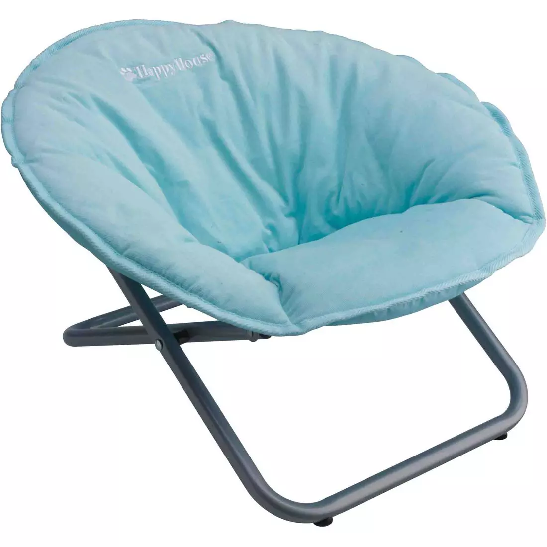 Hellblauer Happy House Katzenstuhl mit Rippstoffbezug und einem grauen Metallgestell im runden Design.