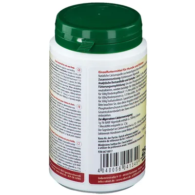 Boîte blanche de chaux d'algues de CD Vet avec couvercle vert, vue latérale avec informations sur le produit.