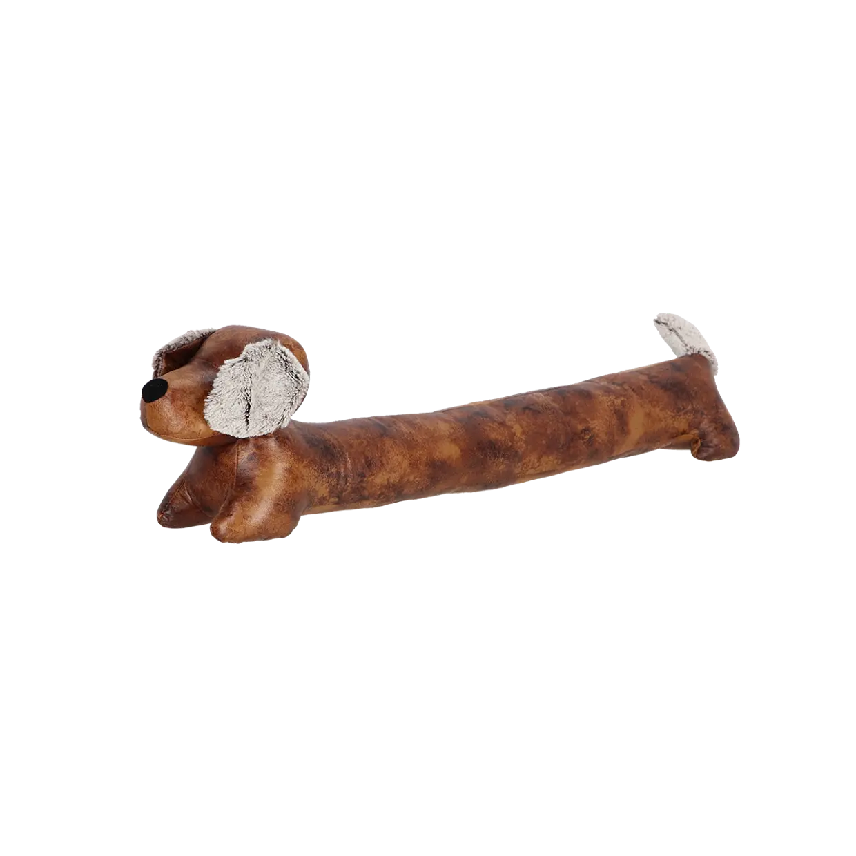 Ein länglicher, brauner Stoff-Dackel als Zugluftstopper oder Deko liegt auf dem Boden. Er hat eine gemusterte braune Oberfläche, hellgraue flauschige Ohren und passende Schwanzspitze sowie eine kleine schwarze Nase und Augen.