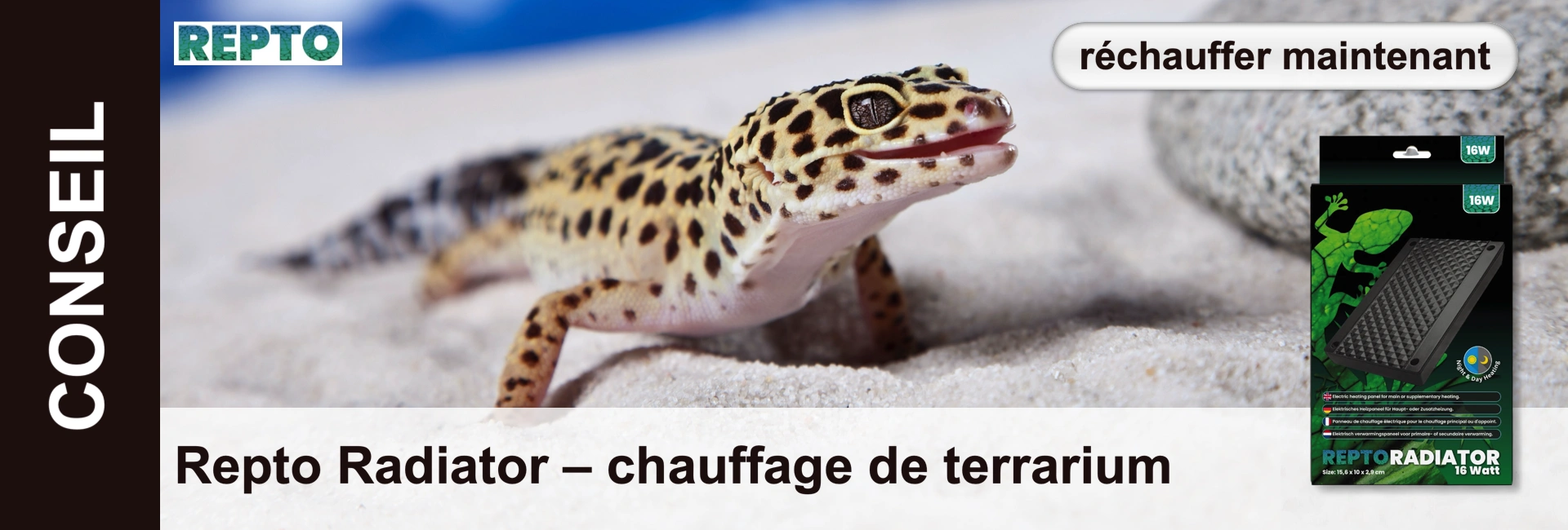 Un gecko léopard avec un motif à pois noir sur un fond couleur sable, accompagné d'un tapis chauffant dans un emballage produit.