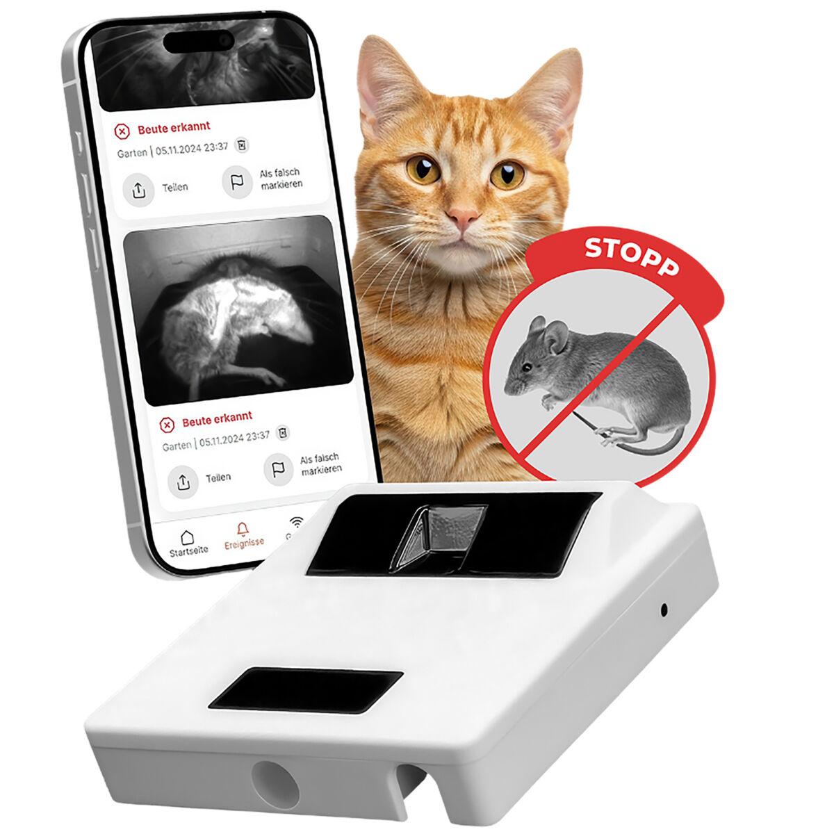Katze, Mausefalle und Smartphone mit App zur Erkennung von Beutetieren (Mäusen). Symbol mit rotem Kreis und diagonalem Strich auf Maus.