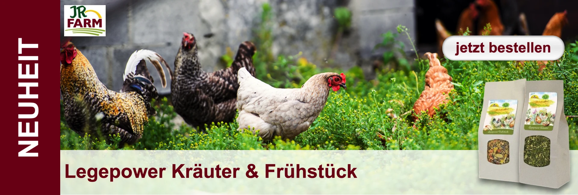 Galli e galline in piedi nell'erba verde. Due confezioni di prodotti con motivi simili sullo sfondo. Il pulsante "ordina ora" in alto a destra.
