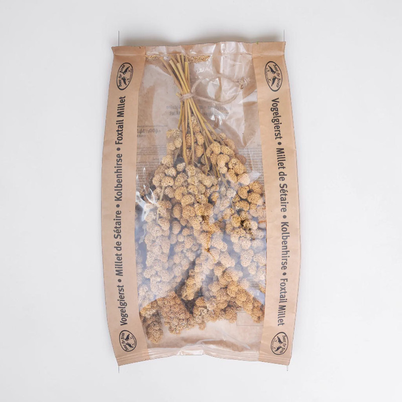 Sachet transparent aux bords en papier brun contenant du millet en épis jaune doré, fermé en haut par un cordon en jute. Les petits grains de millet de ce paquet de 400 g sont visibles, dans un sachet hermétique, suspendu à la verticale.