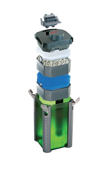 Vue éclatée du filtre extérieur 350 de EHEIM, masses filtrantes et accessoires inclus.
