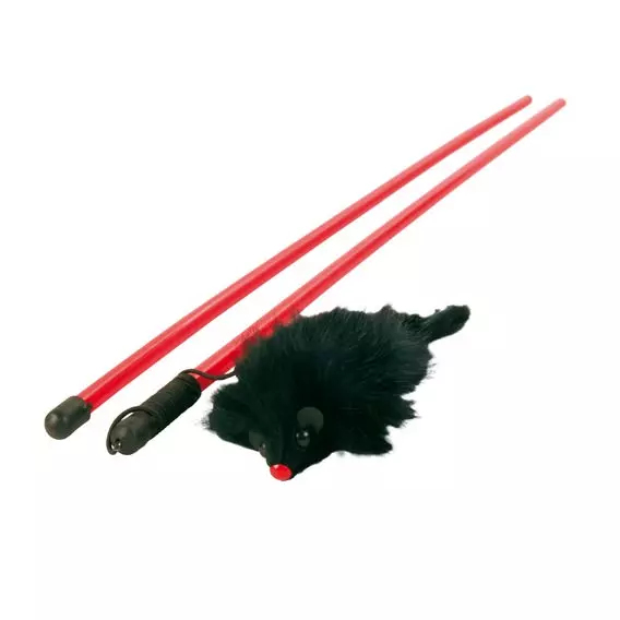 Cat fishing rod with red stick, black elastic band and plush mouse.