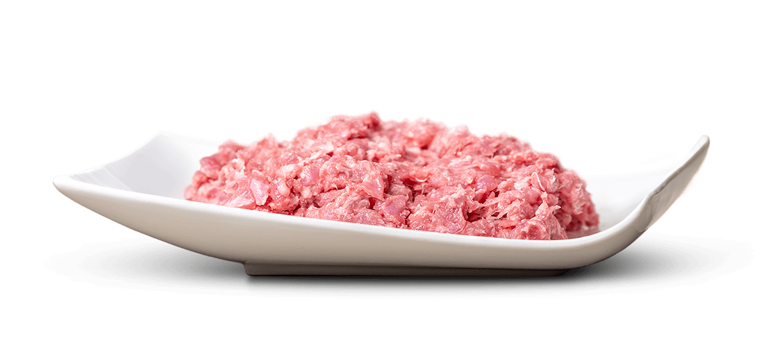 Un mucchietto di carne macinata di colore rosa chiaro con pezzetti di grasso visibili, adagiato su un elegante piatto in ceramica bianco leggermente ricurvo. La carne è fresca e presenta una consistenza irregolare. Il piatto è posato su uno sfondo bianco.