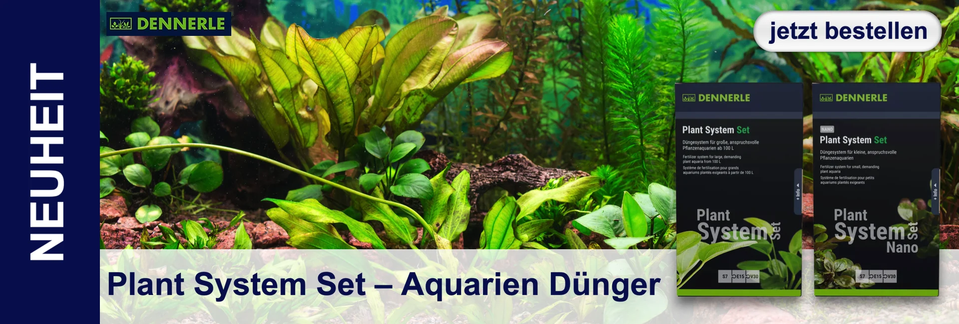 Aquariumpflanzen mit Düngerprodukten von Dennerle, beworben mit "jetzt bestellen".